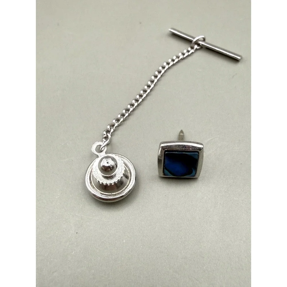 Tie Tack Silver Tone Blue Inlay Square Stone Men Accessory Chain Bar